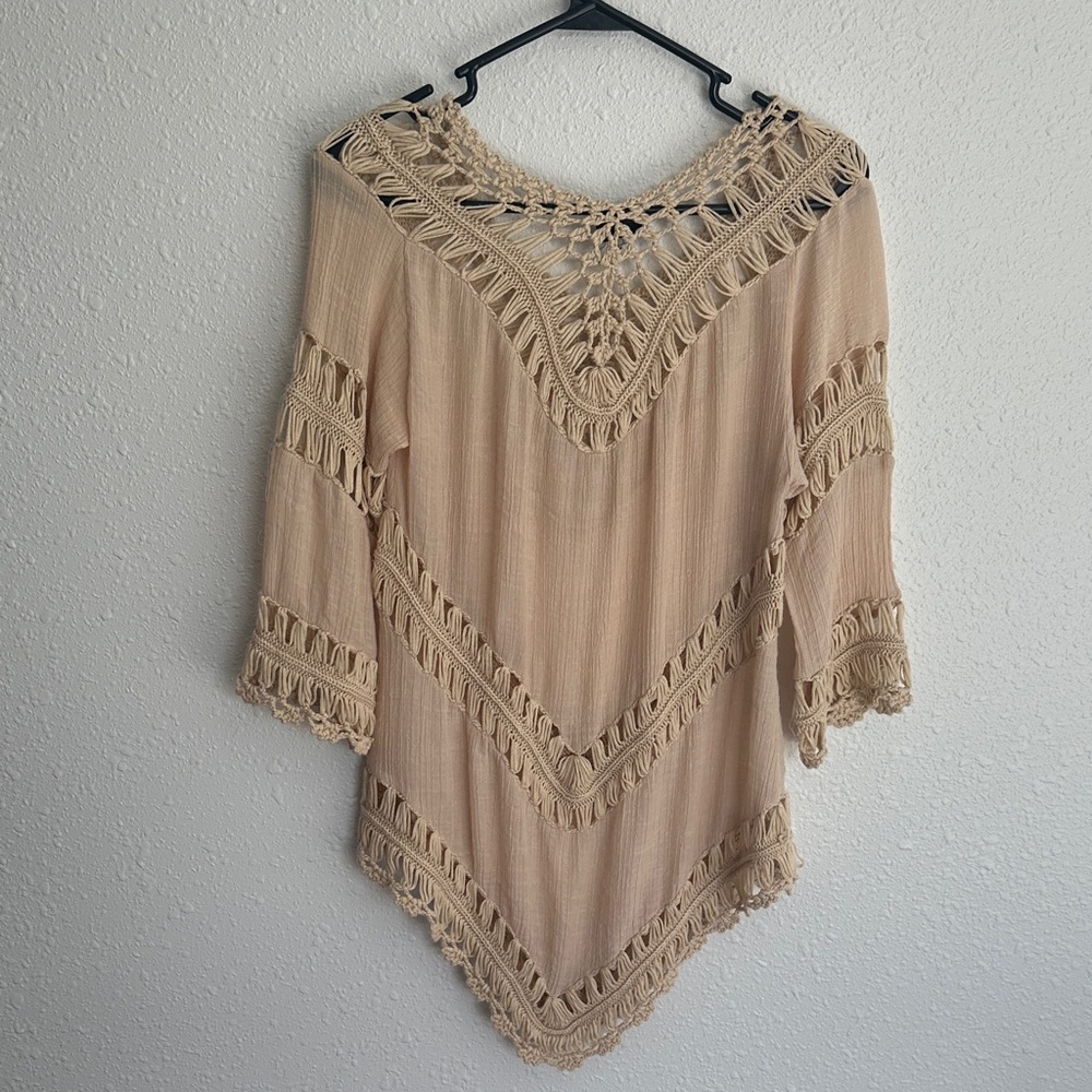 Rue21 Cream Tan Crochet Knit Boho Cover Up Top Size Small - Picture 4 of 6